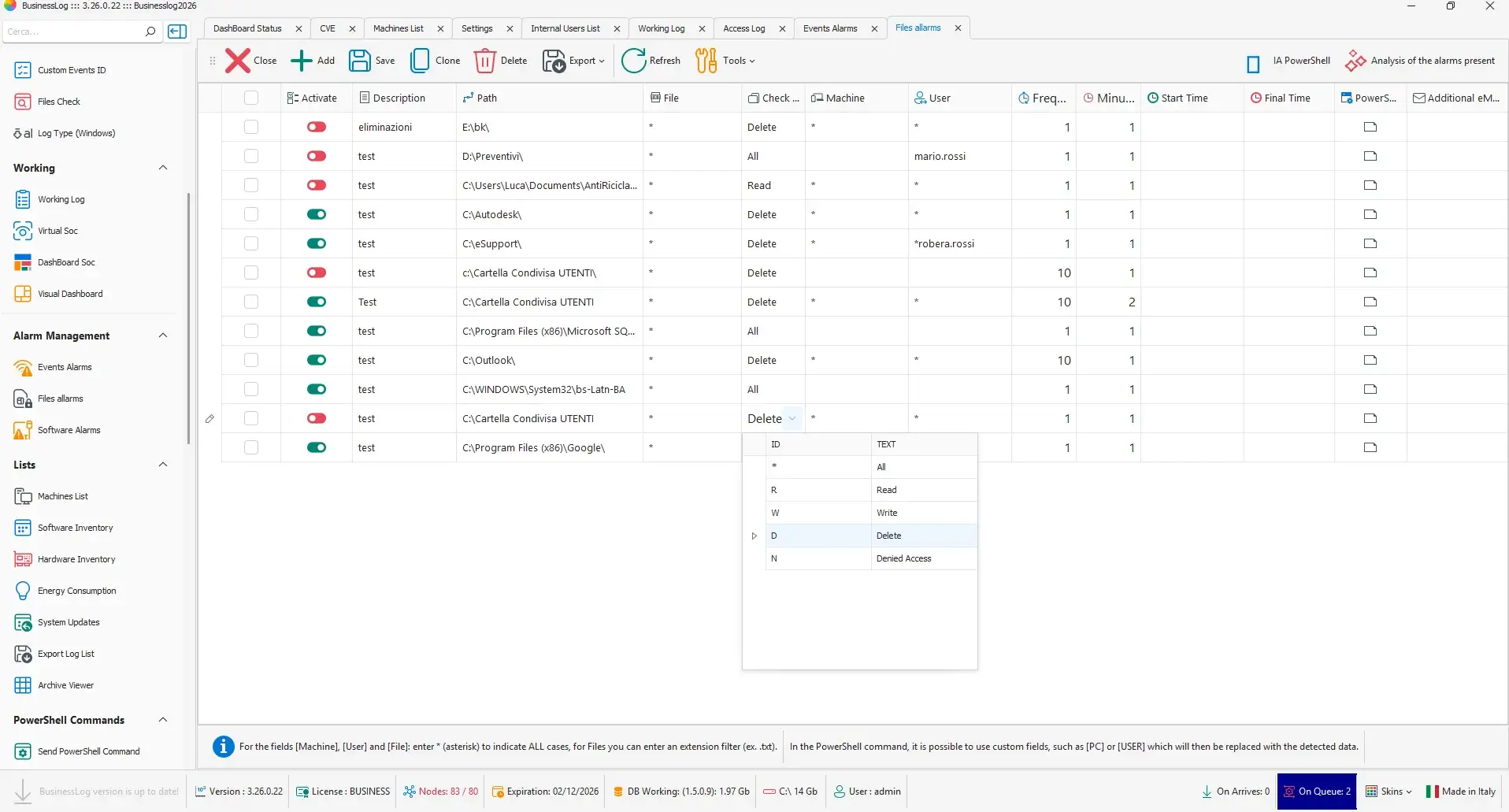 File alarms configuration